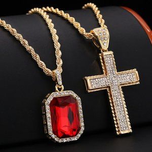 14k Jesus Cross Ruby Stone Necklace Pendant